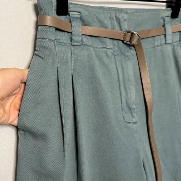 Peserico Sage Green Pleated Wide Leg Gaberdine Tan Silver Hardware Belted Pants - Picture 4 of 16